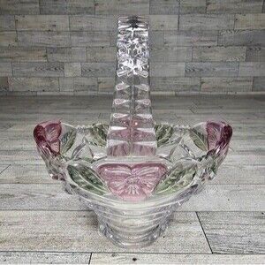 Anne Hutte Bleikristall Lead Crystal Basket 24% P.bO Made in Germany Pink/Green